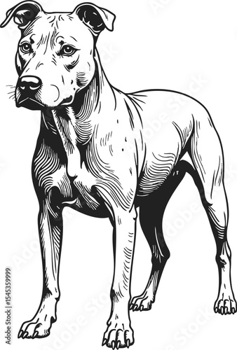 American Pit Bull Terrier engraving sketch showcasing a detailed line drawing of a standing dog in black image style, emphasizing the dog's strong physique and expressive features