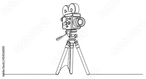Vintage Cinematic Camera: A line drawing of a vintage cinematic camera mounted on a tripod, a tribute to the early days of filmmaking, evoking nostalgia for classic movies.