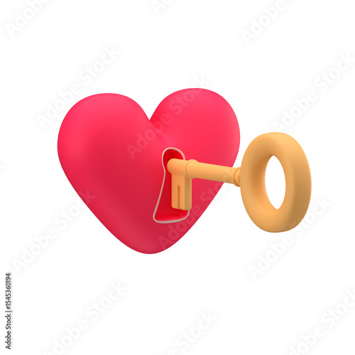 Heart and key over white background. The Valentine's Day concept is about unlocking the heart with a key, 3d render