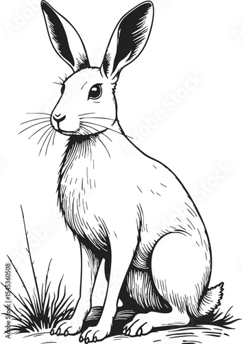 Arctic Hare vintage engraving depicting a detailed line drawing of an Arctic hare resting amid grass on a white background in classic etching style