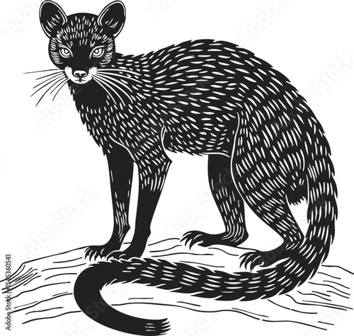 Asian Palm Civet etching style, hatching illustration showcasing the unique texture and features of this intriguing mammal in a vintage engraving style
