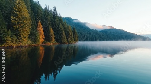 Tranquil lake at dawn, mirrored by the calm water, surrounded by lush, green forests