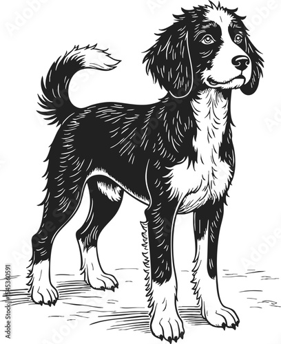 Aussiedoodle line art featuring a charming vintage engraving style portrait of a playful dog standing gracefully on a solid ground