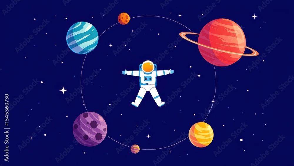 Naklejka premium Astronaut Floating Space Planets Stars Cosmos Cartoon Illustration