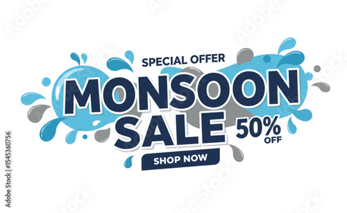 Stylish Monsoon Sale Banner Design perfect for advertising promotions discounts offers and showcasing seasonal deals using vibrant colors and playful water droplet elements