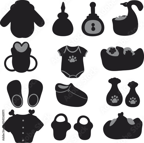 Essential baby care item silhouettes, including clothing, bottles, and accessories, perfect for nursery, parenting, and newborn product designs, offering a charming touch.