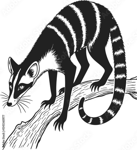 Banded Palm Civet retro style engraving, pen and ink showcasing a nocturnal creature perched on a tree branch, highlighting the intricate details of its fur and stripes