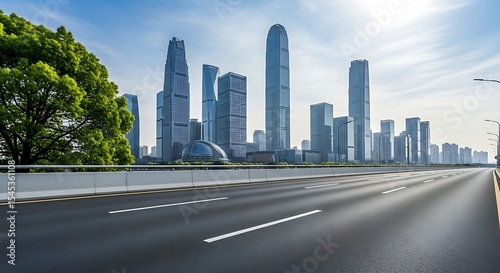 Modern Cityscape Innovation: Diverse Skyscrapers with Glass & Intricate Facades, Verdant Tree and Expansive Roadway Under a Radiant Sky