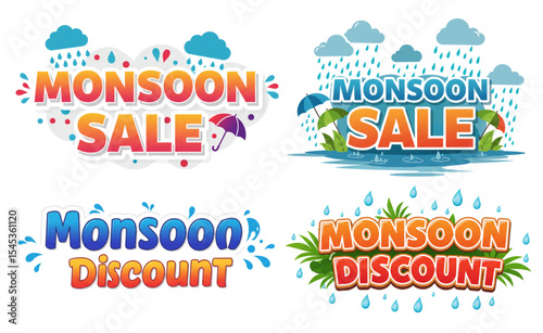 Vibrant Monsoon Sale and Discount Badges perfect for Branding Marketing and Advertising campaigns featuring colorful typography rain and umbrellas