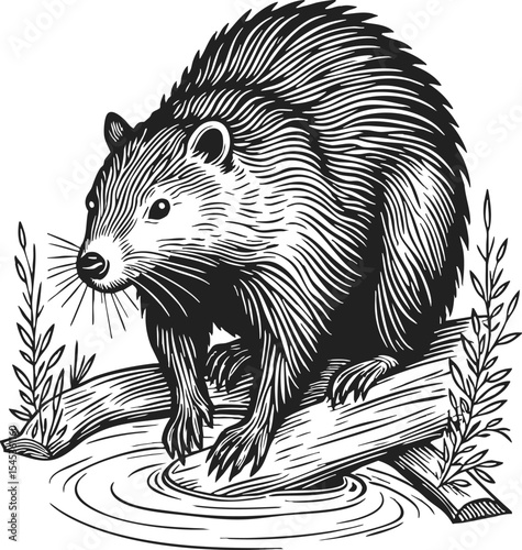 Beaver single object engraving artwork featuring a beaver on a log beside water in vintage engraving style rich in detail and texture