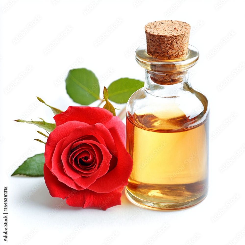 Closeup liquid of Rose Extract and Rose Oil with white background Closeup liquid of Rose Extract and Rose Oil with white background