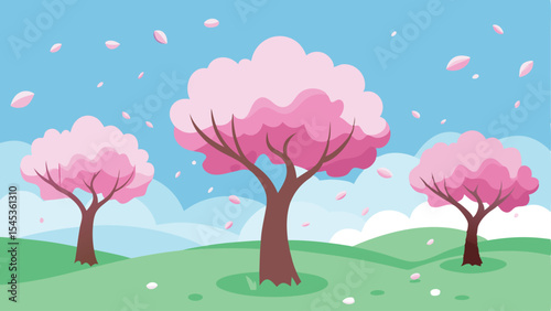 Illustrative springtime scene with cherry blossom trees and floating petals in the landscape