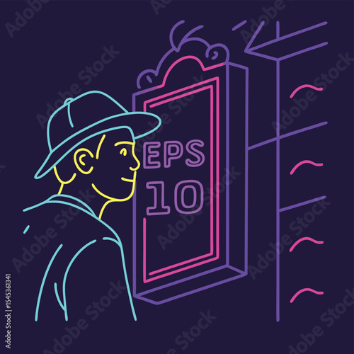Person looking at a neon sign with eps ten written on it in front of a building at night time