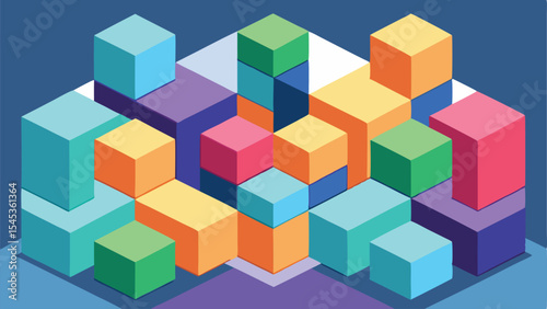Isometric abstract composition of colorful cubes with shadow and perspective 3d effect