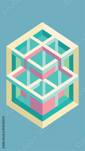 Isometric geometric cube design with pastel colors and architectural structure
