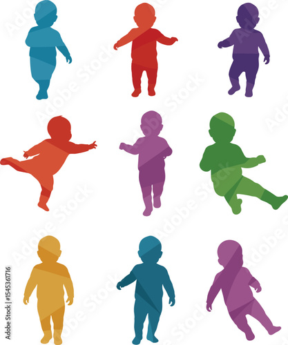 Vibrant collection of baby and infant silhouettes in diverse colors, showcasing various sitting and playing poses, ideal for childcare and playful early development designs.