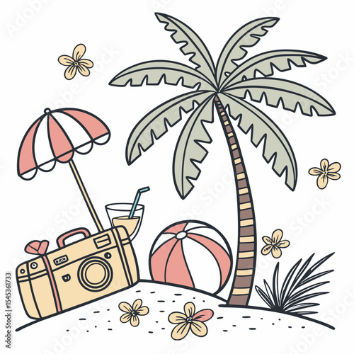 summer doodle icon set, . Hawaii beach holiday rest, palm tree,  vertor