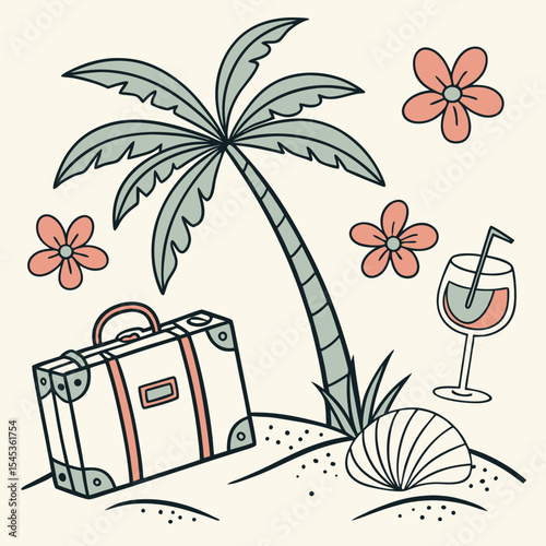 summer doodle icon set, . Hawaii beach holiday rest, palm tree,  vertor