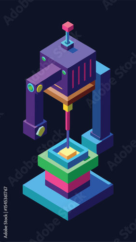 Isometric illustration of robotic arm or industrial machinery in a colorful cubist style