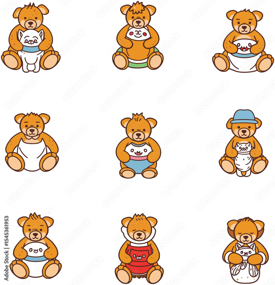 Obraz premium Adorable vector illustration set of cute cartoon bears in various poses and interactions, ideal for children's designs, playful themes, and greeting cards.