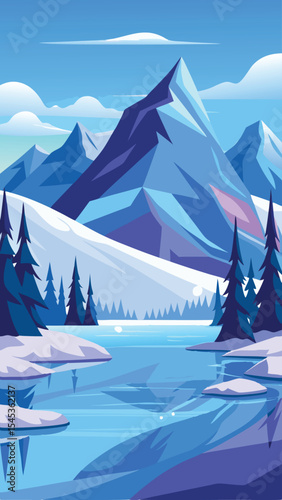 Majestic mountain landscape illustration featuring a serene lake and forest in winter season