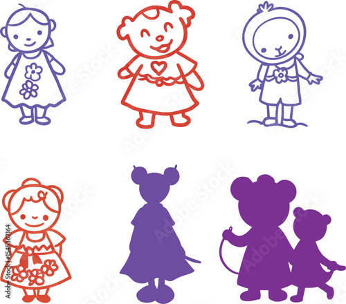 Adorable vector illustration set featuring a cute little girl with pink hair in various playful scenes, perfect for children's books, greeting cards, and kid-centric designs.