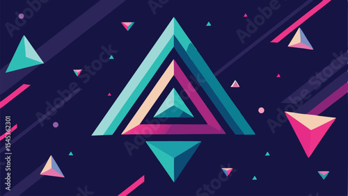 Modern abstract geometric design featuring floating triangles and dynamic shapes with trendy color palette