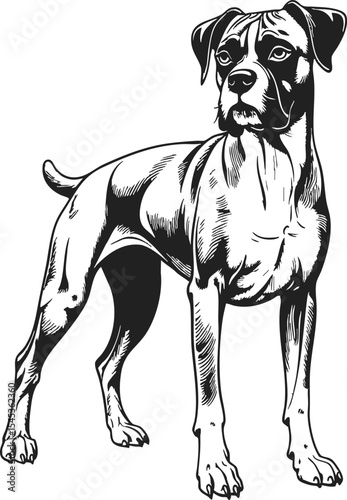 Boxer Dog antique clipart depicting a vintage engraving style showcasing an elegant dog standing confidently in a poised stance
