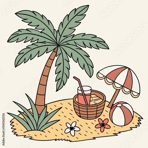 summer doodle icon set, . Hawaii beach holiday rest, palm tree,  vertor