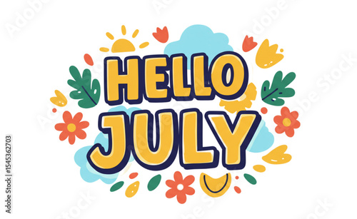 Summery Hello July design with floral elements perfect for branding projects, social media posts, or greeting cards featuring hand-drawn style typography and cheerful colors.