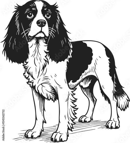 Cavalier King Charles Spaniel line art vector showcasing an elegant black and white design with intricate details reminiscent of old school tattoo sketches