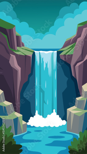 Majestic waterfall cascading down cliffs in a vibrant and stylized illustration
