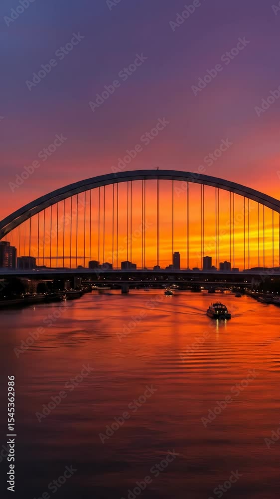 Sunset view of city skyline under arched bridge reflection in water Sunset view of city skyline under arched bridge reflection in water