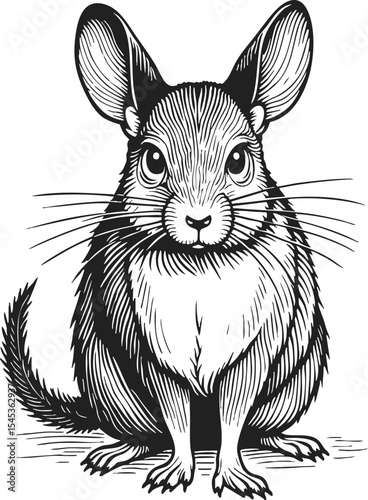 Chinchilla engraving outline style flash tattoo design showcasing a cute and expressive chinchilla with detailed fur patterns in a vintage engraving style