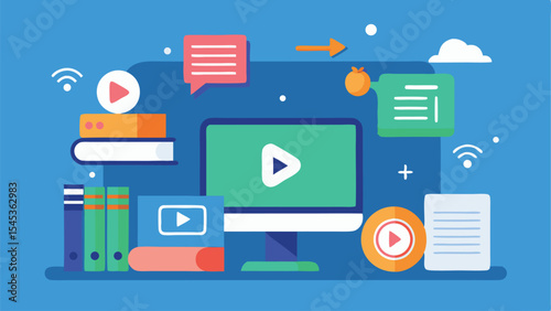 Online education and video streaming icon elements in modern flat design style