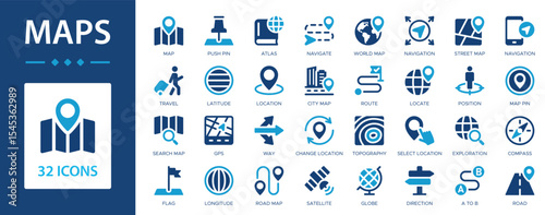 Maps flat icons collection. Location, atlas, travel, navigate, map pin, road, globe, way, GPS, satellite, compass sign set.