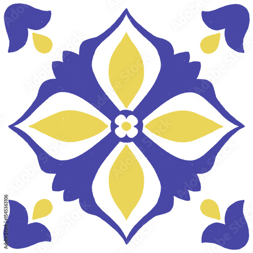 Blue yellow Italian Amalfi glazed ceramic tile pattern, Sicilian vintage hand painted leaf ornament, Mediterranean classic geometric floral decor. Vector hand drawn illustration for summer design.