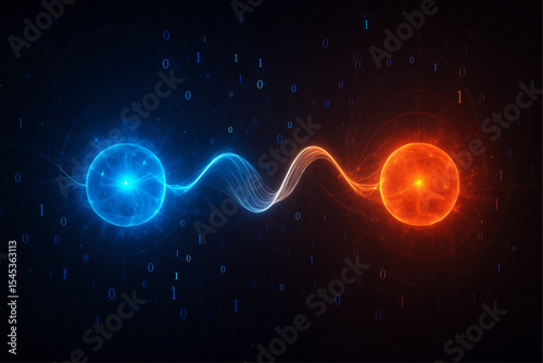 Quantum entanglement illustration with glowing particles, waveform paths, and energy patterns in deep space environment