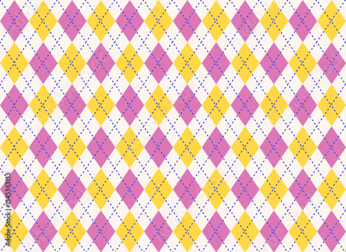 Seamless pastel argyle pattern with pink and yellow diamond shapes. Perfect for textile, stationery, scrapbooking, digital paper, and background designs.