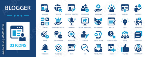 Blogger flat icons collection. Content, community, idea, influencer, media, content creation, followers, branding, podcast, partnership, premium content, blog, monetization, audience, SEO, marketing s