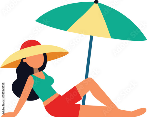 Stylized Beach Scene with Woman Relaxing Under an Umbrella A Vibrant and Relaxing Vacation Illustration in Flat Design