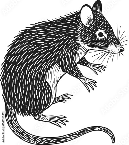 Dormouse line art, vintage engraving style depicting a playful dormouse with intricate detailing in fur and whiskers on a plain background