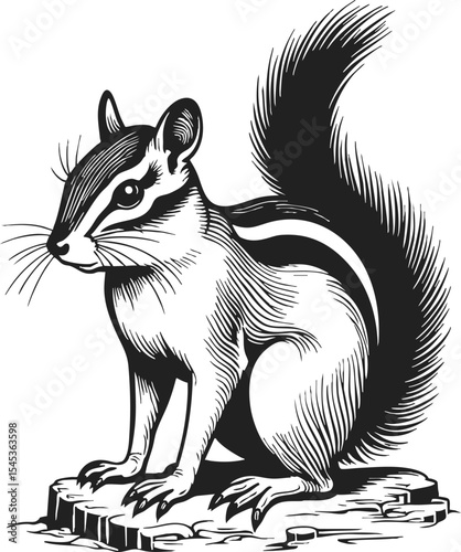 Eastern Chipmunk vintage vector illustration showcasing a detailed black line drawing of a chipmunk perched on a rock