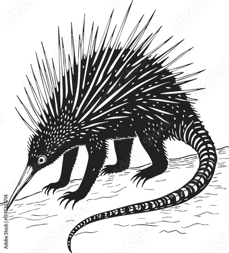 Echidna engraving illustration showcasing a spiky creature in a natural setting while foraging for insects and small invertebrates
