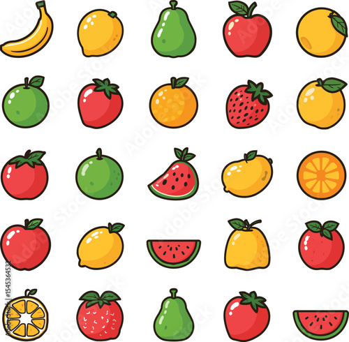 Delicious exotic fruits vector set colorful cartoon illustration