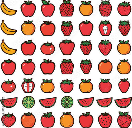 Delicious exotic fruits vector set colorful apples strawberries bananas