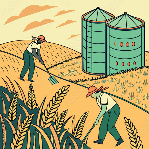Farmers working in the field with silos in the background under a cloudy sky on a sunny day