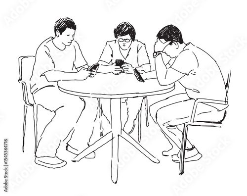 Contour drawing of three casual modern male friends sitting at table in summer street cafe and looking at smartphones, realistic hand drawn doodle vector illustration isolated on white