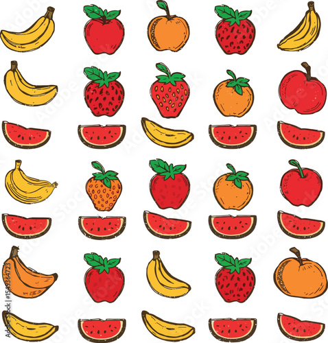 Delicious exotic fruits vector set colorful summer pattern