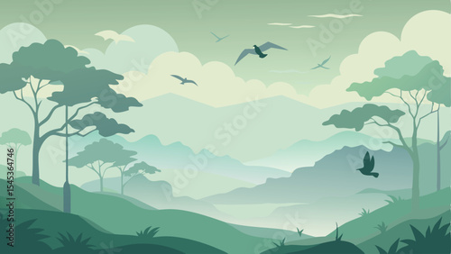 Serene landscape illustration featuring trees mountains and soaring birds on white background